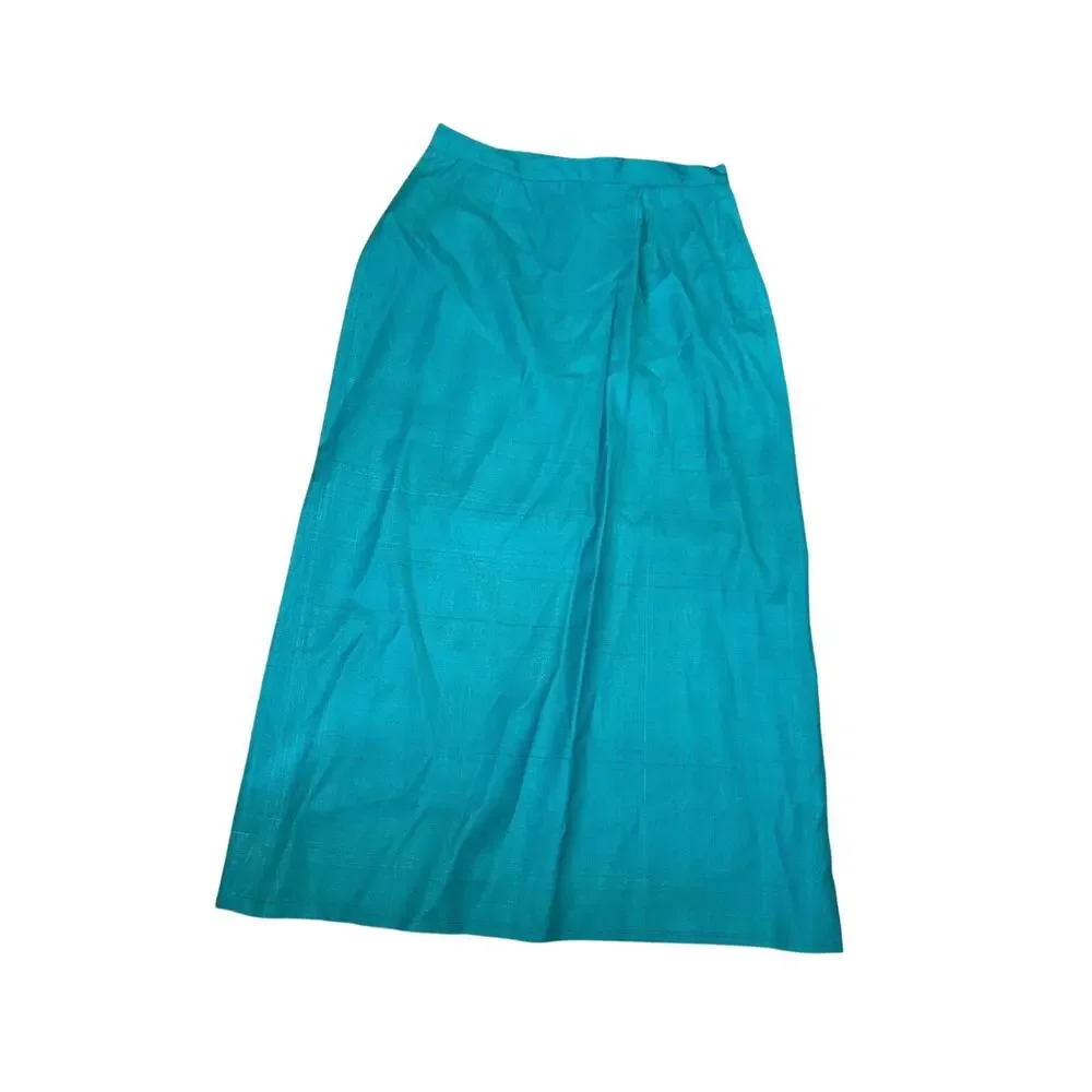 Vintage John Brooks 100% Silk Teal Two Piece Jacket Pleated Midi Skirt Set Sz10